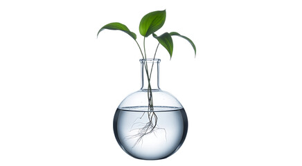 Green plant sprout with visible root system in a clear glass science flask isolated on white background. 
