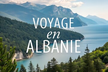 Albania nature landscape travel tourism destination Europe vacation advertising promotion scenic mountains rivers text Voyage en Albanie travel items journey Balkan tourism marketing design poster ads