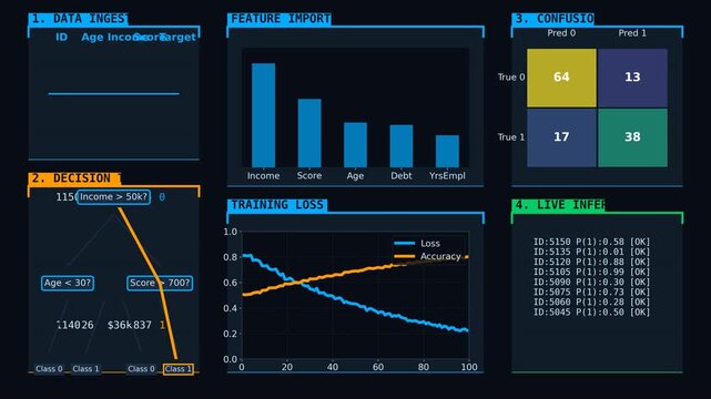 Artificial intelligence interface, machine learning data visualization, digital hud dashboard, neural network processing, futuristic technology background, abstract ai analytics animation