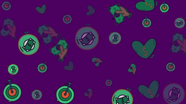 Playful hand-drawn doodle style finance pattern background featuring money, hands holding cash, hearts, and targets on a purple background. Ideal for various creative projects, social media, or presen