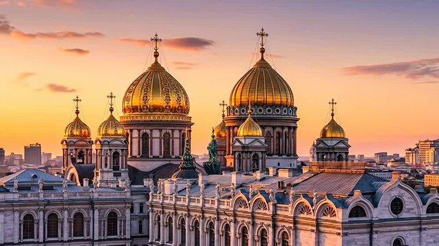 Ornate golden domes rise above a historic city at sunset.