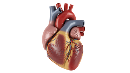 Realistic human heart isolated PNG, detailed anatomical model of the cardiovascular system for medical education and healthcare visuals 
