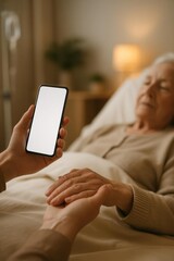 Elderly care smartphone mockup with caregiver holding blank screen phone beside senior patient in bed, ideal for telemedicine and home care apps.