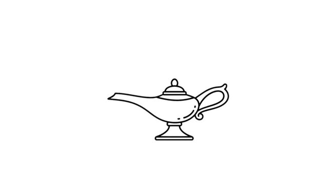 Line animation of a genie lamp icon with shaking motion and vapor rising from the spout. Simple outline illustration displayed as an isolated element on a white background. HD video with alpha channel