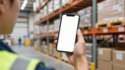 Warehouse smartphone mockup with worker holding blank screen phone near storage racks, ideal for inventory, logistics, and warehouse management apps.