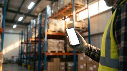 Warehouse smartphone mockup with worker holding blank screen phone inside storage facility, ideal for logistics, inventory, and supply chain apps.