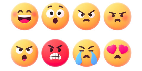 Fototapeta premium A vibrant collection of six distinct yellow emoticons displaying various emotions on transparent background high quality