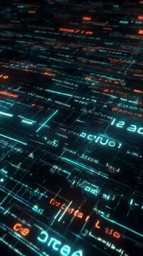 Vibrant coding interface with dynamic blue and orange digital code