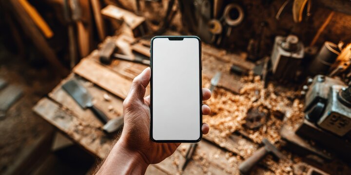 Workshop smartphone mockup with hand holding blank screen phone above wooden workbench, ideal for craft, DIY, maker, and tool-related apps. - Powered by Adobe