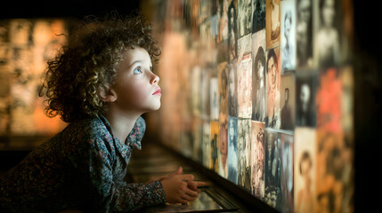 little black girl looks at a large screen on which historical photos of famous women are displayed