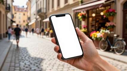 Blank smartphone screen mockup held on a charming European city street with cobblestone road and storefronts.