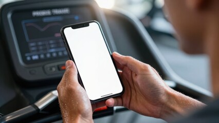 Blank smartphone screen mockup held in hands while running on a treadmill in a modern gym.