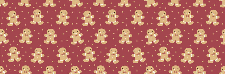 Obraz premium Seamless Christmas pattern with cute gingerbread man, candy cane and cookies. Festive red holiday background, perfect for Xmas wrapping paper, textile, greeting cards and seasonal designs. Vector art