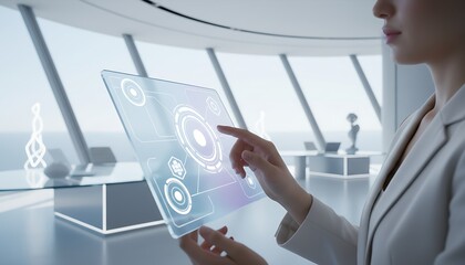 Businesswoman Interacting with Holographic Data Interface in Office