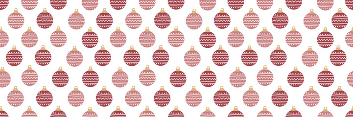 Seamless Christmas pattern with pink baubles, nutcrackers, and vintage ornaments. Festive holiday background featuring cute xmas decorations in pastel colors. Vector illustration