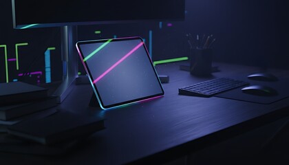 Dark Workspace with Laptop, Tablet, and Neon Light Accents
