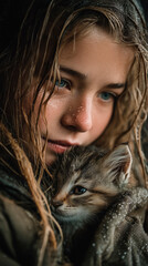 A young girl in a hooded coat sheltering a small kitten in the rain.