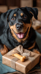 A happy Rottweiler puppy with behind a gift wrapped in rustic kraft paper, adorned with a burlap bow and a bone-shaped dog treat.