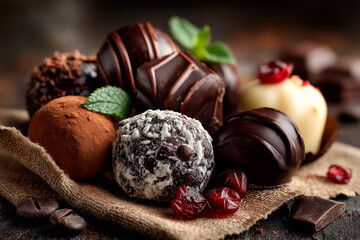 An elegant assortment of chocolate truffles and pralines, with coconut and cocoa powder, artistically arranged on a rustic burlap.