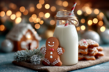 A glass bottle of milk near gingerbread cookies and gingerbread house decorated with white icing on background .