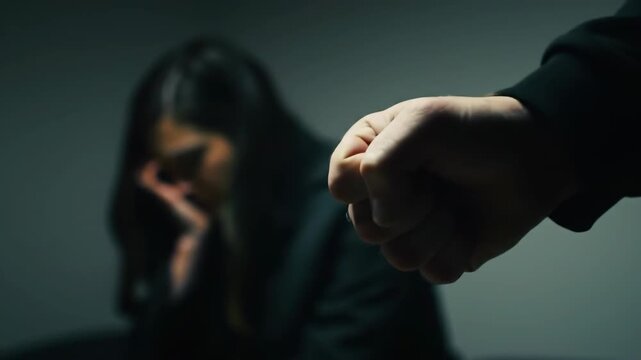 A man's fist threatens a tearful woman in a dimly lit room, symbolizing domestic violence and abuse in dark grey tone.