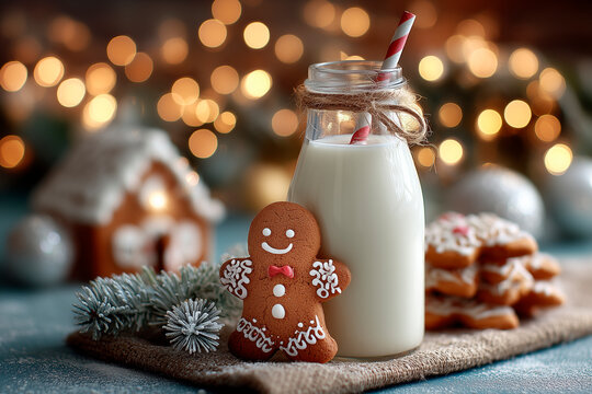 A glass bottle of milk near gingerbread cookies and gingerbread house decorated with white icing on background . - Powered by Adobe