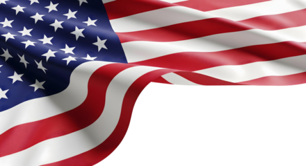 A waving American flag with stars and stripes billowing in the wind, a patriotic symbol of freedom and democracy, isolated on transparent background