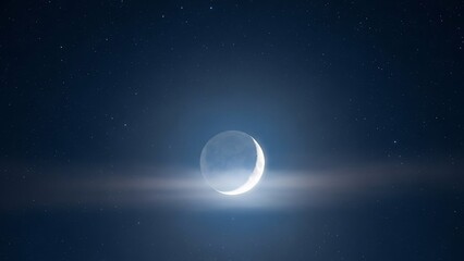 Obraz premium Celestial Crescent Moon Glowing Amidst a Starry Night Sky - A Serene Cosmic Panorama