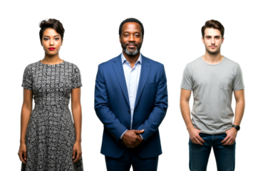 Three diverse people standing together confidently looking forward, representing a mix of ages and ethnicities in a professional and casual setting.
