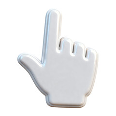 A glossy white 3d rendered pointing hand gesture icon with smooth curves ideal for digital interfaces on transparent background