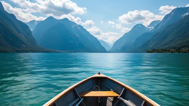 Boat sailing forward on a tranquil lake surrounded by mountains and blue sky
