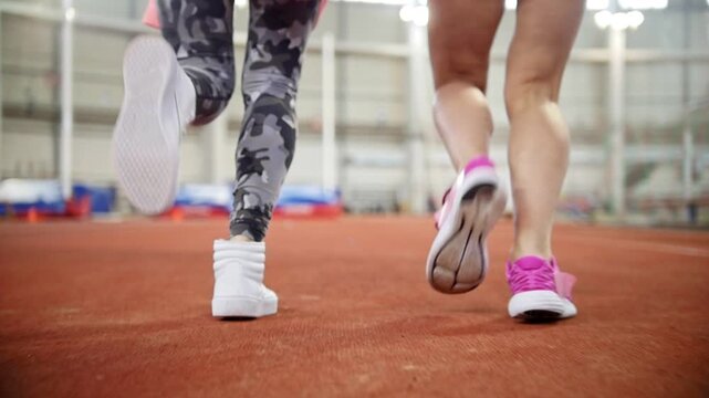 Two female athletes starting race on indoor running track