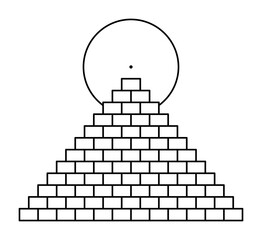 Pyramid with 12 steps, and over the apex the astrological sun symbol, a circle with a dot in its center. Gradual and step-by-step ascent and initiation. Isolated black and white illustration. Vector