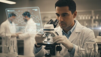 Male Scientist Working on Futuristic Microscope with Digital Molecular Structure Overlay in Modern Lab