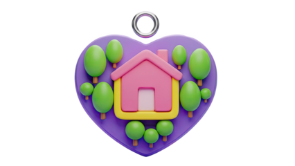 Heart-shaped charm with cartoon house and trees