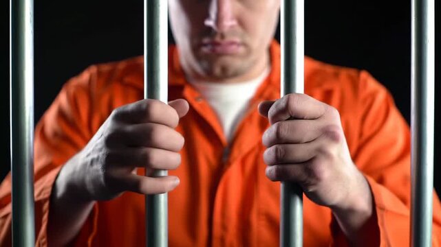 Close-up of a man in an orange jumpsuit firmly gripping prison bars against a dark backdrop, emphasizing incarceration and confinement. Symbolizes justice and captivity.