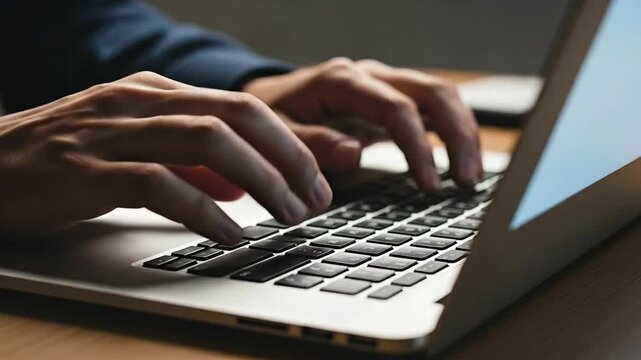 Close-up of hands typing on a laptop keyboard in an office setting.