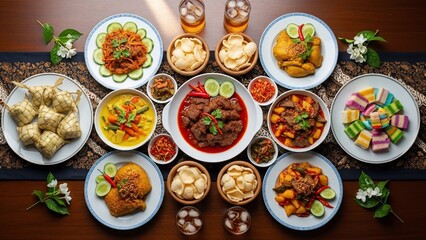 A sumptuous and colorful spread of traditional Indonesian dishes, perfect for festive occasions and culinary exploration