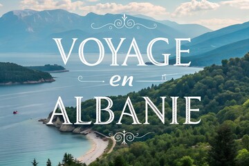 Albania nature landscape travel tourism destination Europe vacation advertising promotion scenic countryside mountains text Voyage en Albanie travel symbols journey Balkan tourism marketing design
