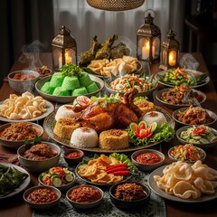 Abundant Feast A Table Laden with Delicious Dishes and Festive Decorations