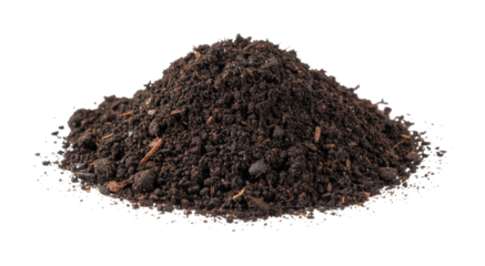Pile of rich dark soil, perfect for gardening and planting, is mounded up, showcasing its fertile texture and readiness for new growth.