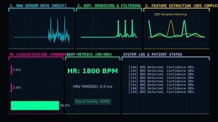 Medical AI interface with ECG waveform, healthcare data visualization, digital health monitoring dashboard, artificial intelligence analysis, futuristic medical technology animation - Powered by Adobe
