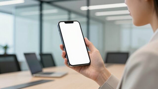 Clean smartphone mockup held in a modern conference room setting. Bright blank screen, soft focus office background - Powered by Adobe