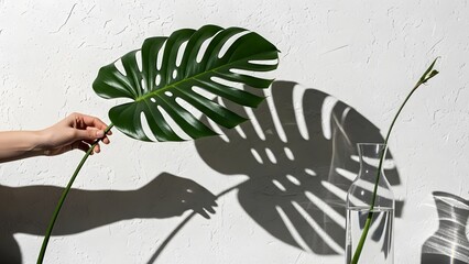 Hand holding large Monstera leaf casting botanical shadow on white wall.