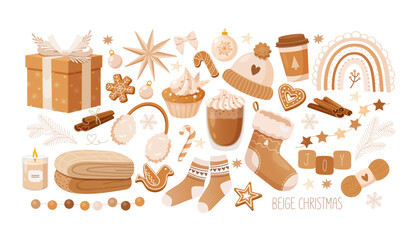Vector collection of Christmas-themed illustrations in a beige pastel color palette includes wrapped gift box, christmas tree ornament, gingerbread cookies, warm drinks, knitted textile and clothes