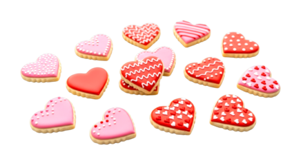 Delicious heart-shaped cookies decorated with colorful icing patterns are scattered across a dark surface, symbolizing love, celebration, and sweet treats for special occasions.