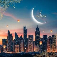 Majestic Crescent Moon Illuminates a Vibrant Cityscape, Celebrating the Joyful Occasion of Eid Al-Fitr with Floating Lanterns and Traditional Patterns