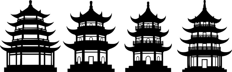 Set of Chinese pagoda Outline vector illustration isolated On Transparent Background
