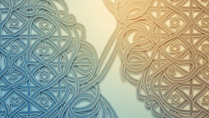 Intricate Intertwined Geometric Patterns in Blue and Gold Hues Creating a Harmonious Abstract Design