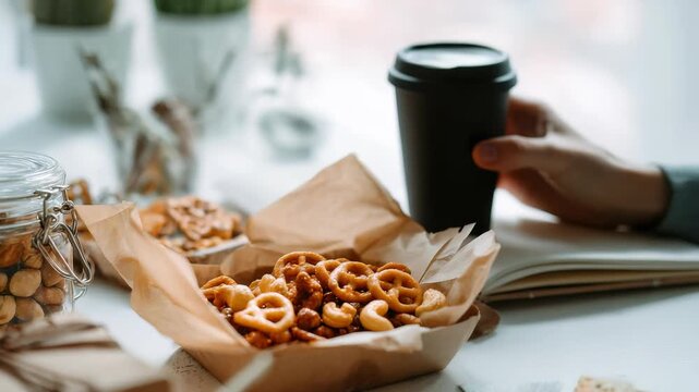 Freshly baked pretzels and assorted nuts are served on parchment paper, creating a cozy snack scene. A person enjoys a hot beverage in a takeaway cup, evoking relaxation and comfort